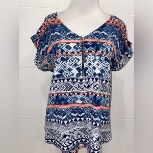 V neck blouse, blue and pink, nice condition